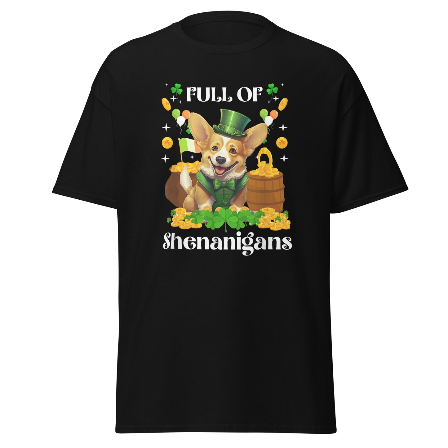 Unisex Full of Shenanigans St. Patrick’s Day Corgi Black T-Shirt – Funny Irish Dog Tee