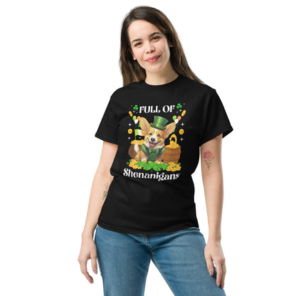 Unisex Full of Shenanigans St. Patrick’s Day Corgi Black T-Shirt – Funny Irish Dog Tee