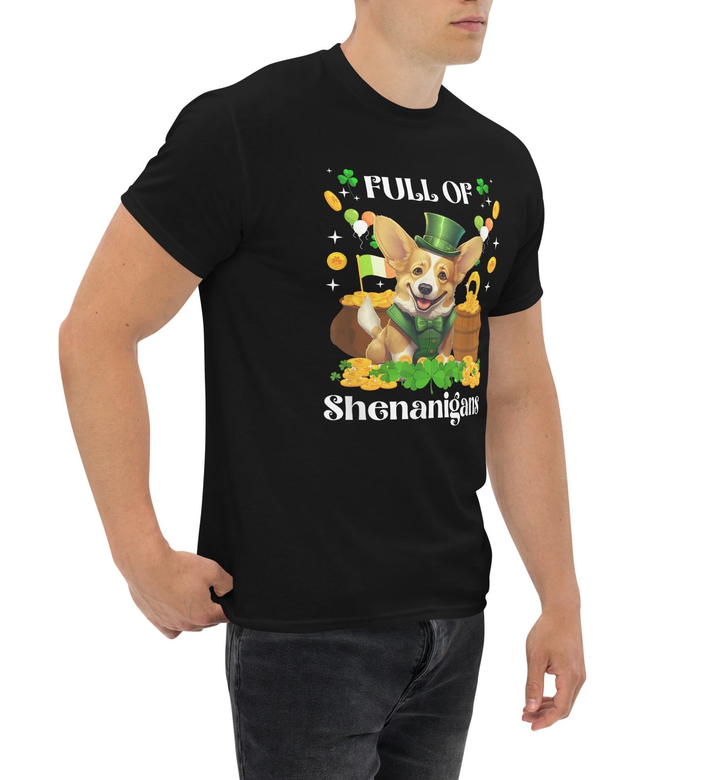 Unisex Full of Shenanigans St. Patrick’s Day Corgi Black T-Shirt – Funny Irish Dog Tee